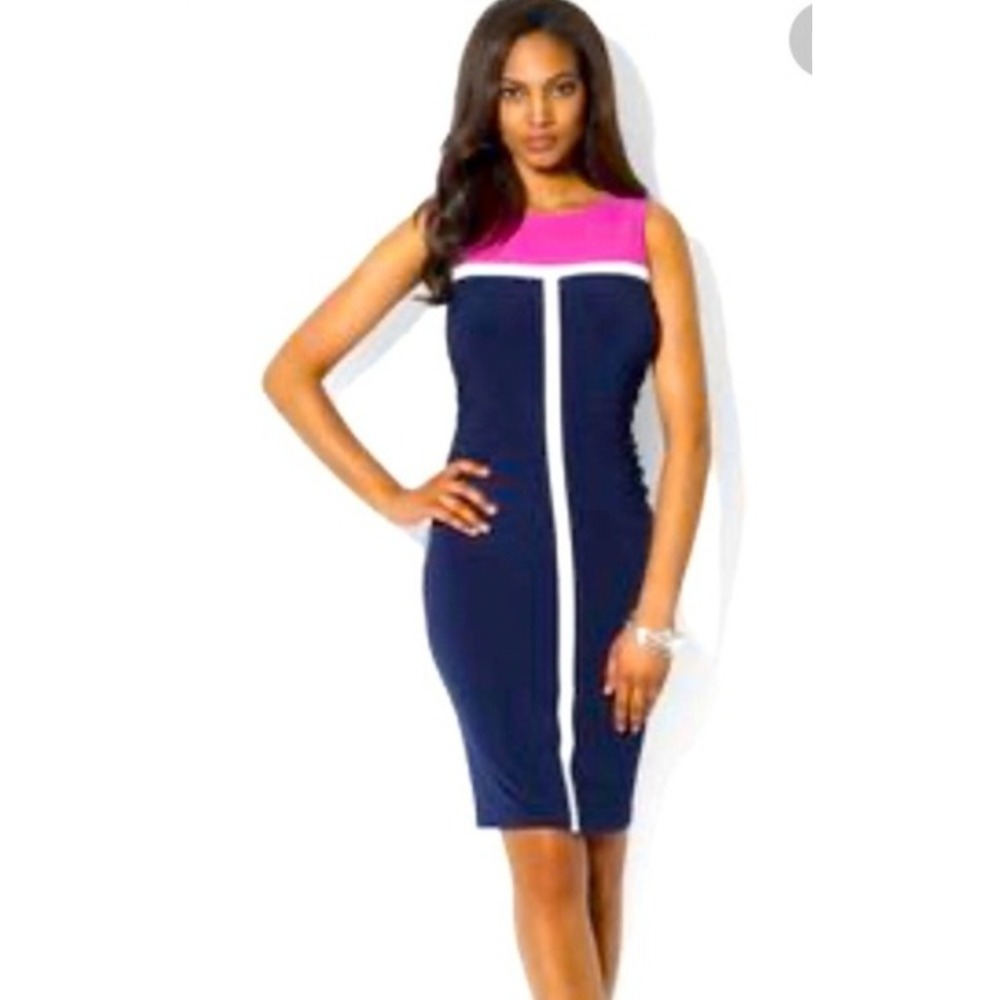 Lauren Ralph Lauren Dress Petite 6P Sleeveless Pink Navy‎ White Sheath